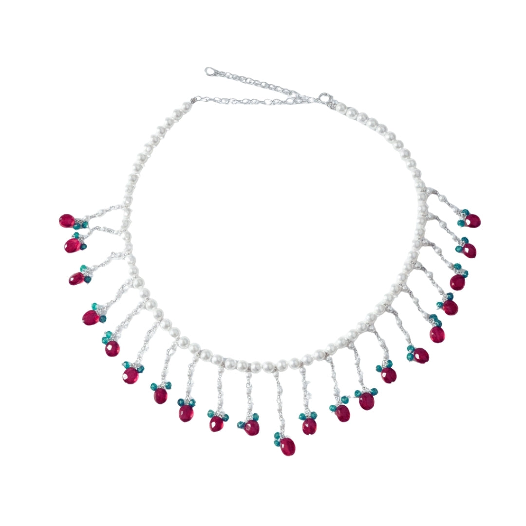 Luxe Necklace - Pearls, Ruby & Green Onyx
