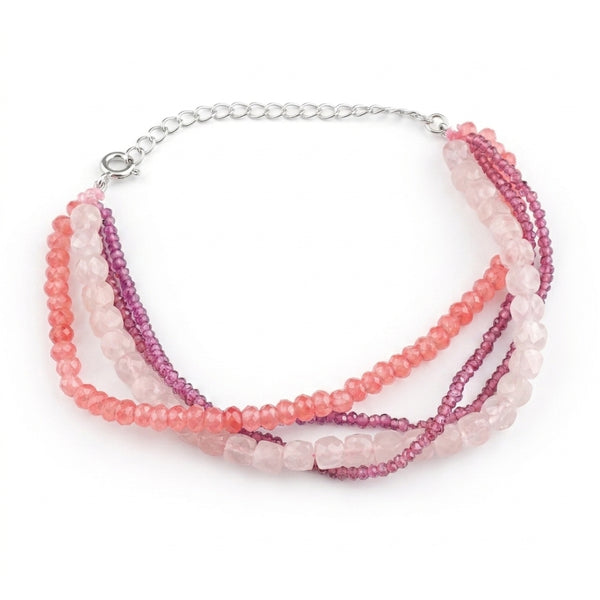 Rose Quartz, Pink Jade & Lab Grown Ruby Silver Bracelet (Project Handmade)