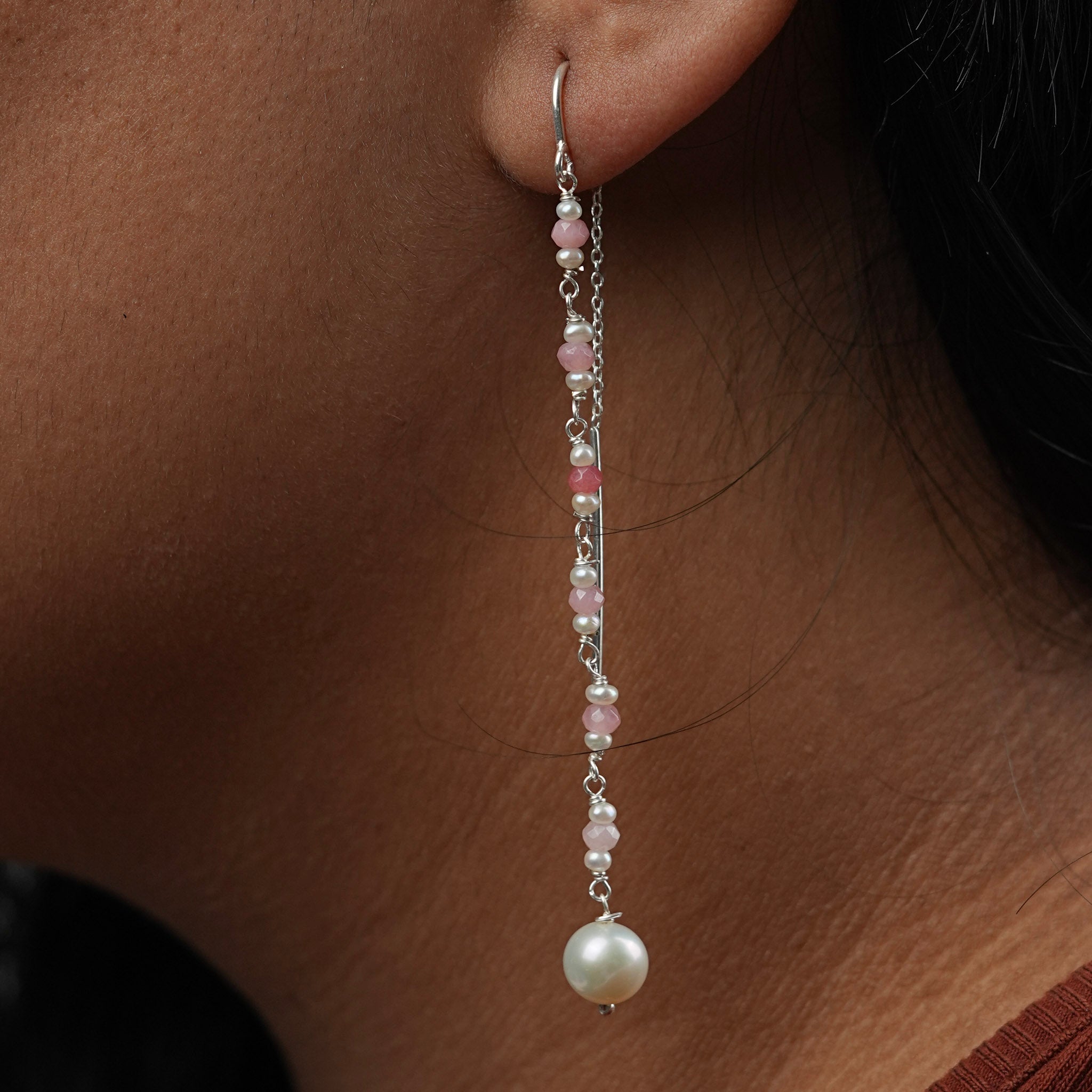 Pink Jade & Pearl Ganthan Sui Dhaga Earrings (Project Handmade)