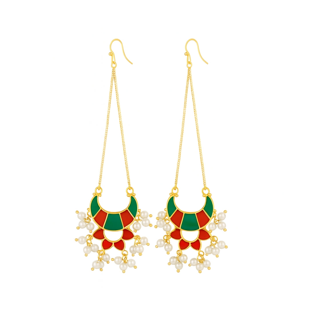 Silver Long Earrings with Meena and Pearls | 92.5 Silver | 22K Gold Plated