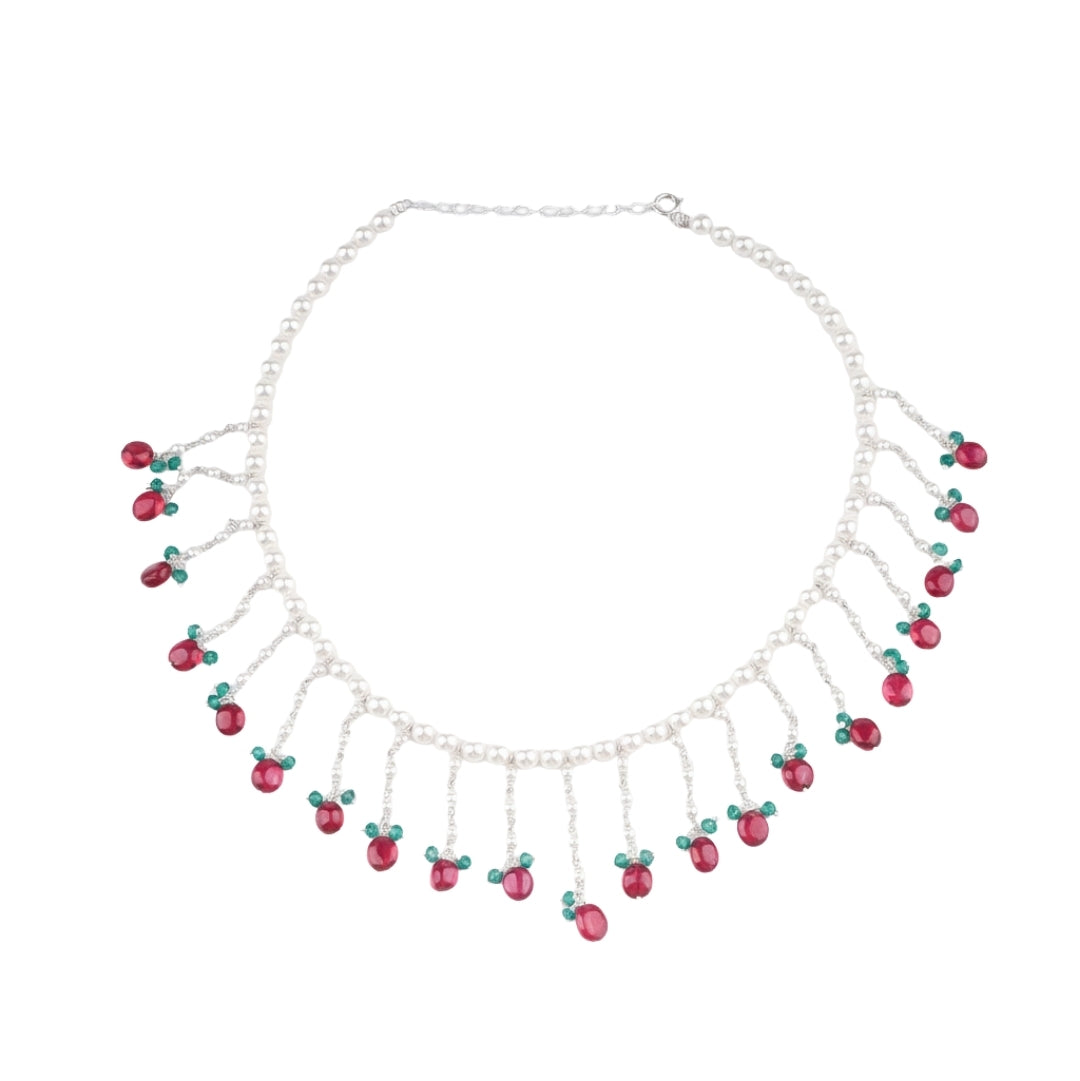 Luxe Necklace - Pearls, Ruby & Green Onyx