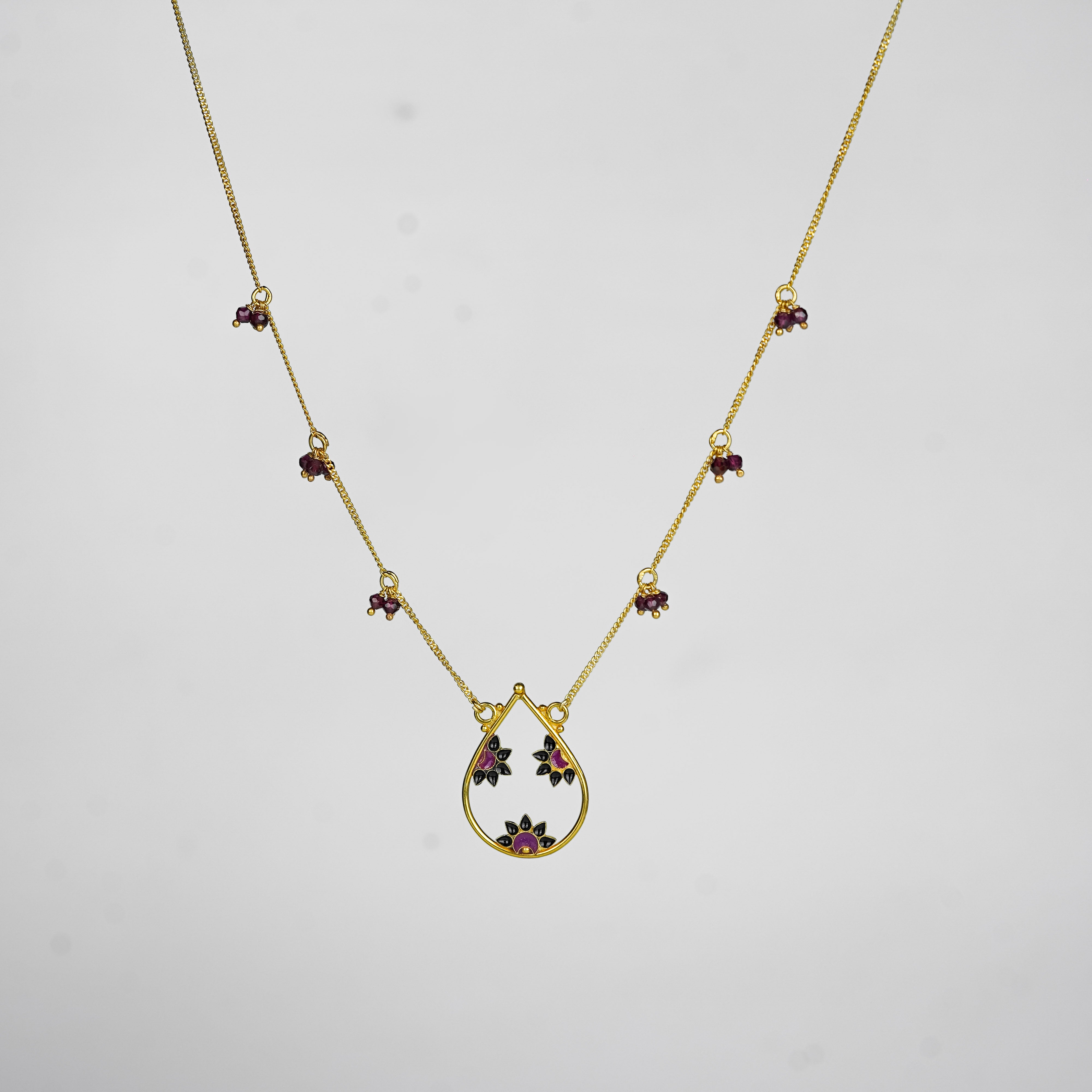 Meena Pendant Necklace with Bunch of Garnets | 92.5 Silver | Gold Plated