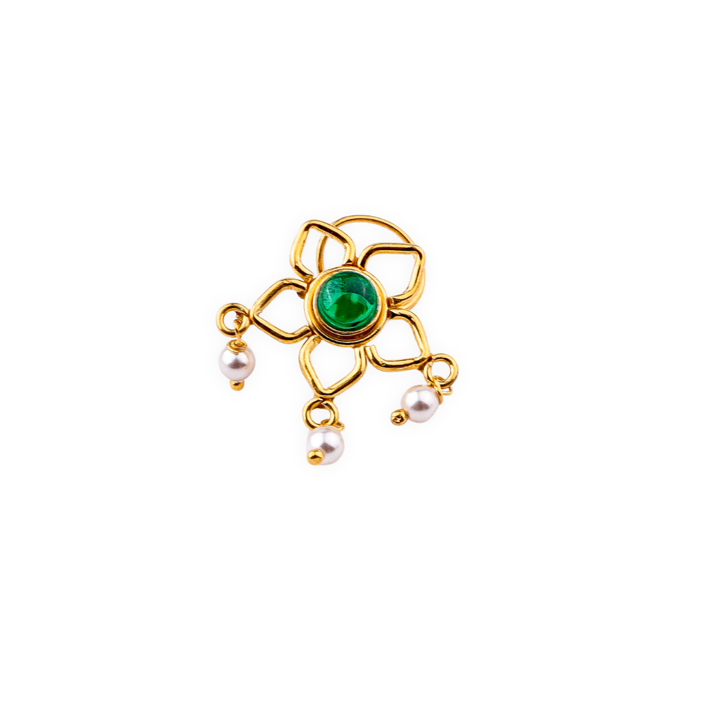 Green Flower Pierced Nose Pin | 22K Gold-Plated (Large)