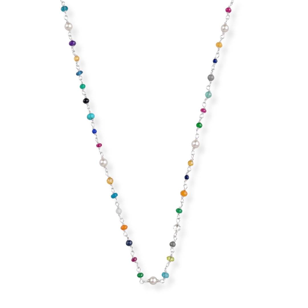 Multicolour Small Stone Ganthan Necklace with Pearls in 92.5 sterling silver