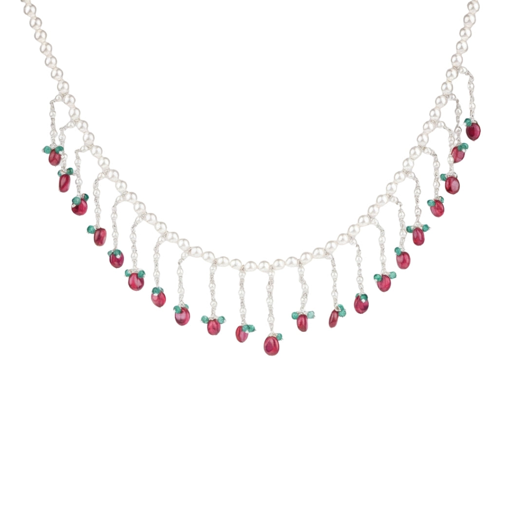Luxe Necklace - Pearls, Ruby & Green Onyx