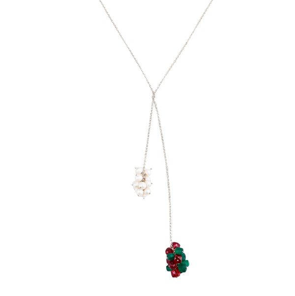 Silver tie and wear necklace with pearls and semi precious stones