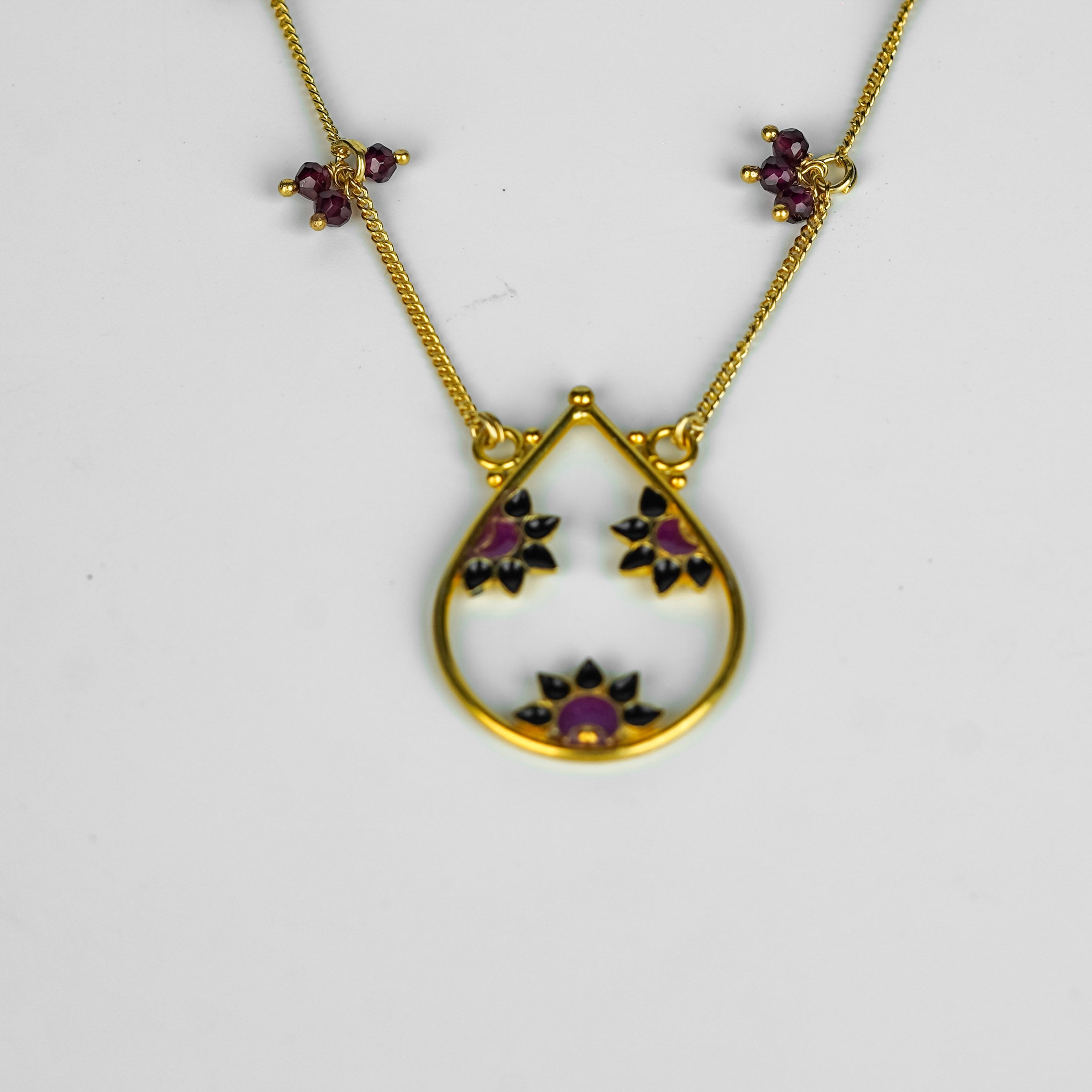 Meena Pendant Necklace with Bunch of Garnets | 92.5 Silver | Gold Plated