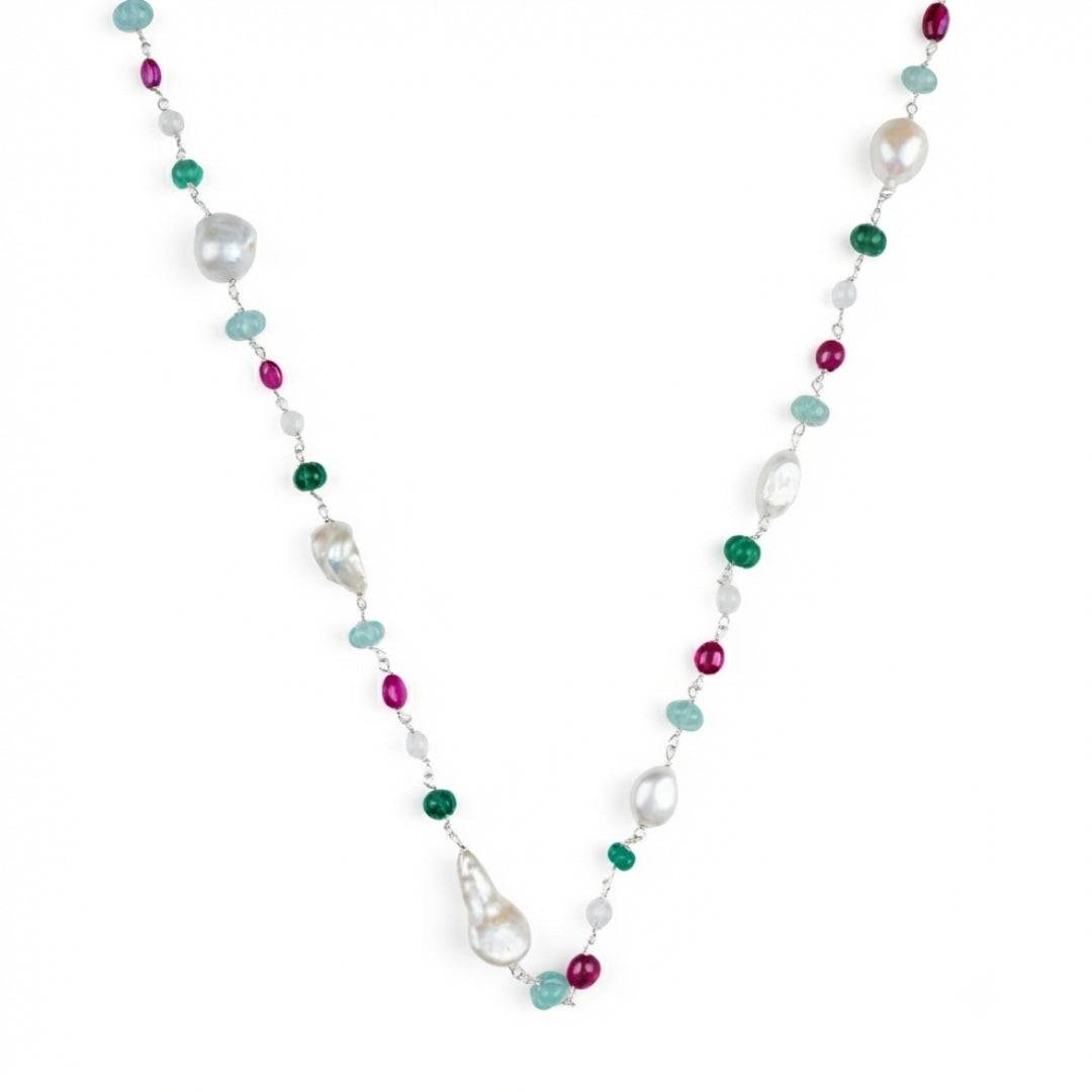 Multicolour Stone Ganthan Necklace with Baroque Pearls in 92.5 sterling silver