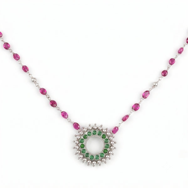Silver Karwar Motif Pendant & Ruby Ganthan Necklace