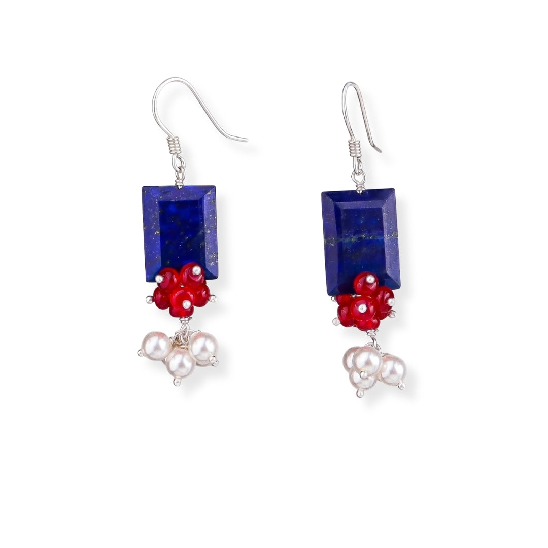 Lapis Chiclets, Ruby & Pearl Silver Earrings (Project Handmade)