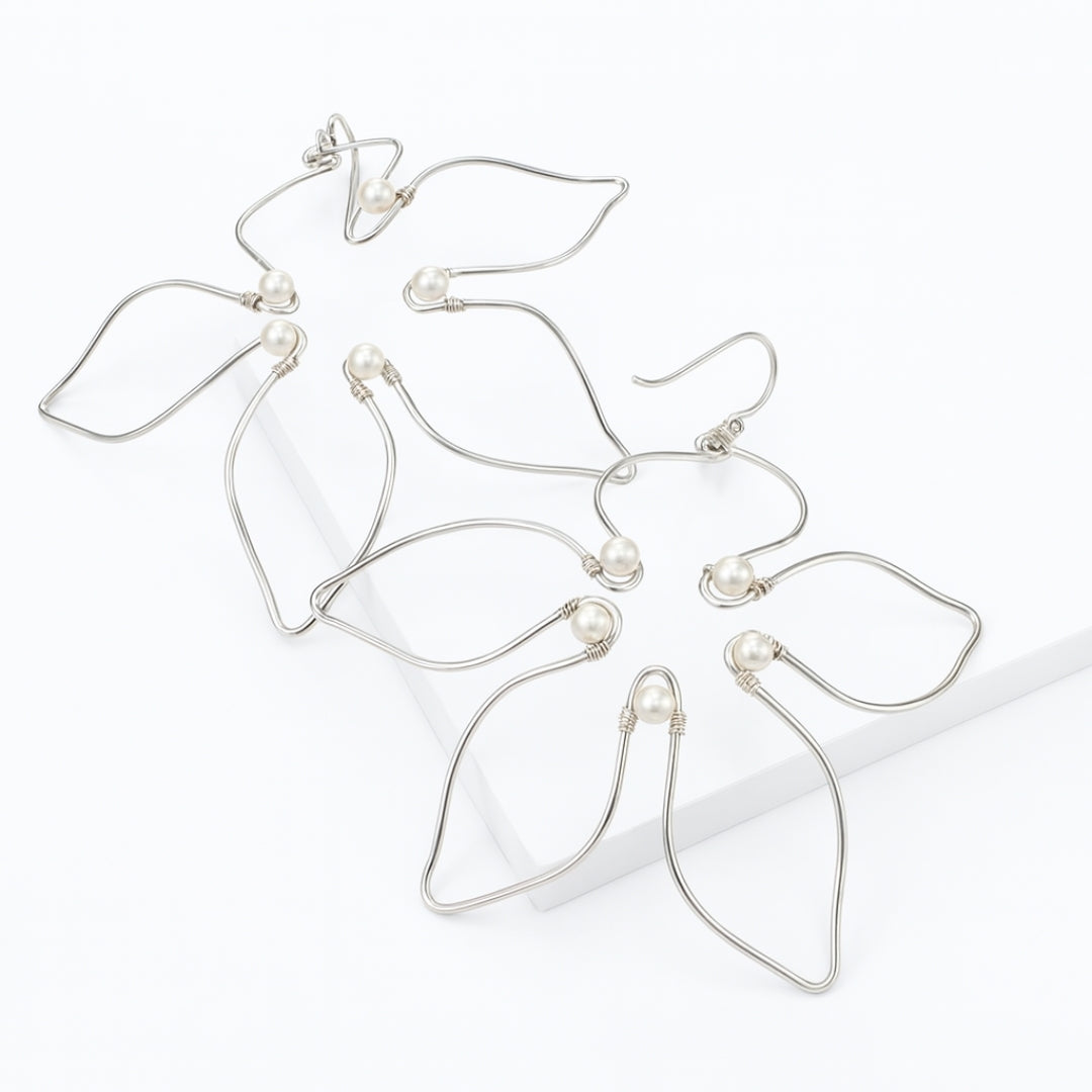 Handbent Pearl Silver Flower Earrings