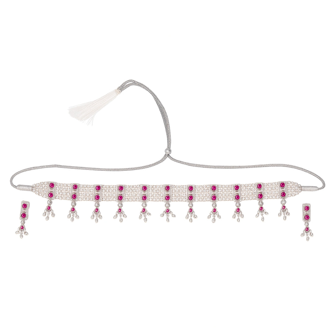 Silver Pink Stone and Pearls Chinchapeti Set