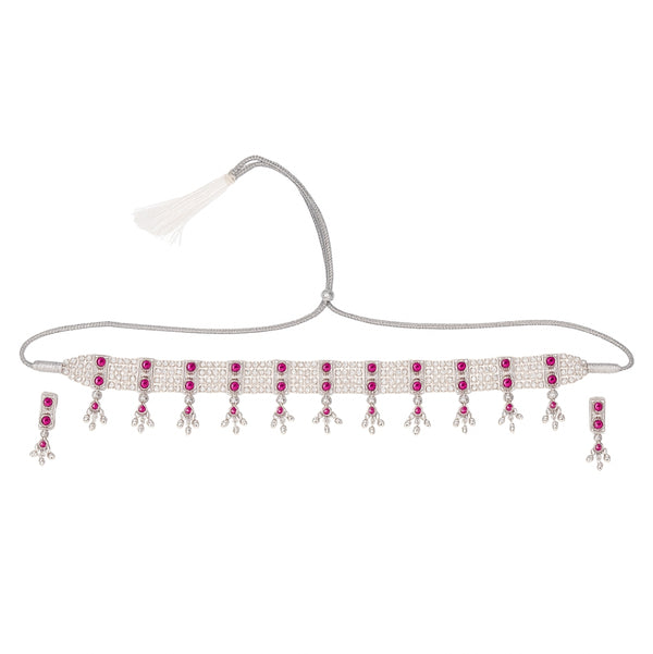 Silver Pink Stone and Pearls Chinchapeti Set front view