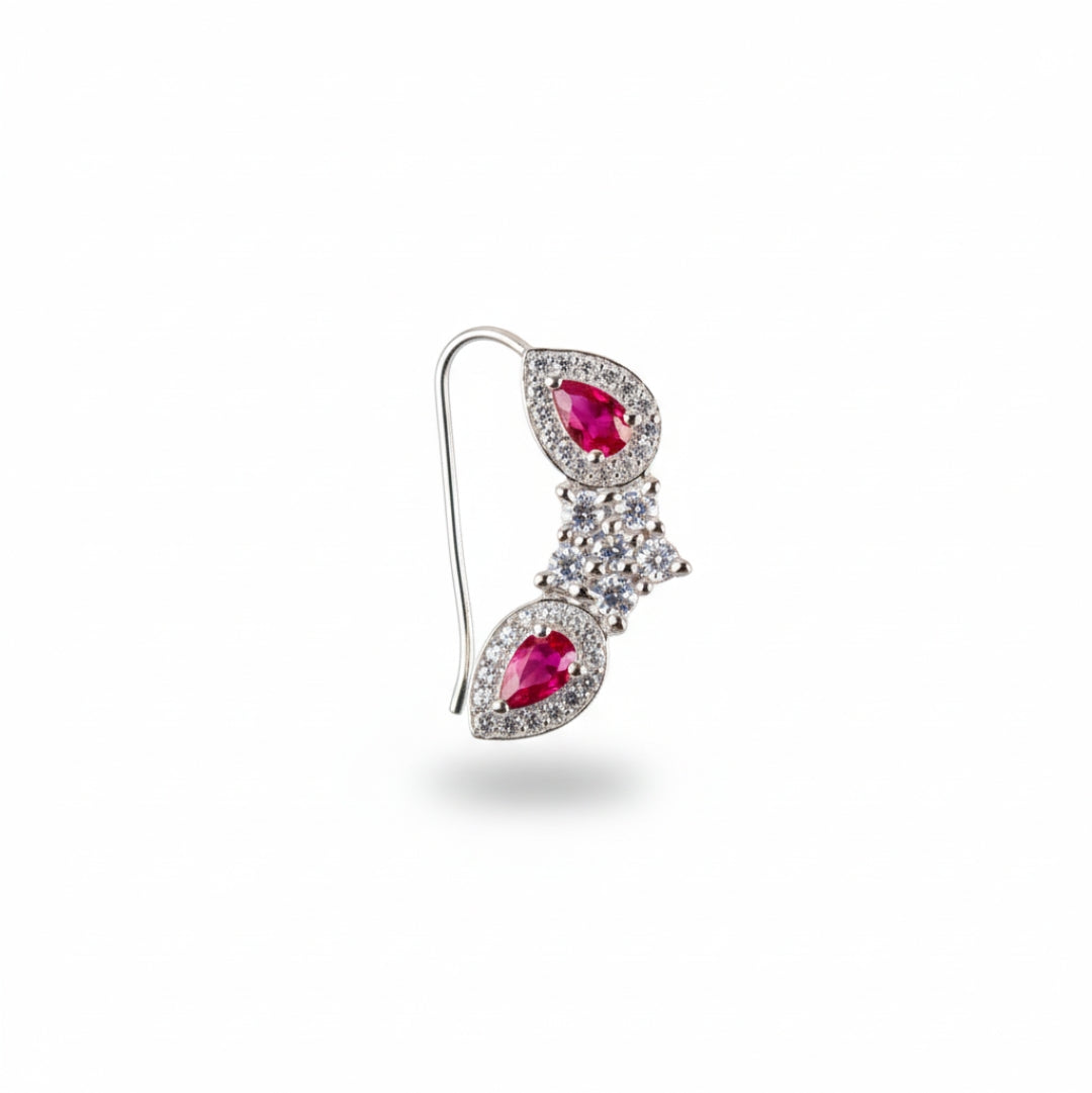 Silver flower pink drop nath with cz stones pierced (small)