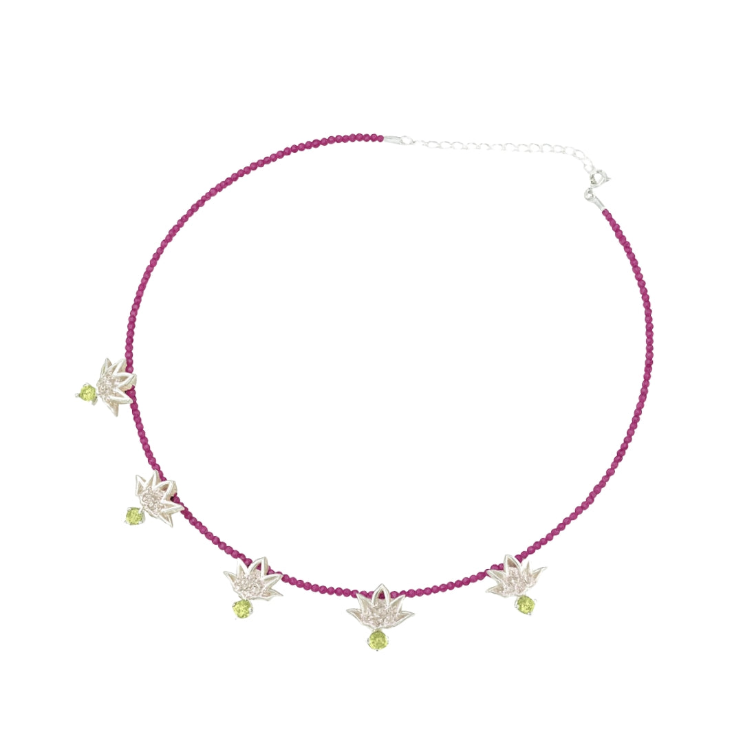 Silver Lotus CZ pendant necklace with ruby