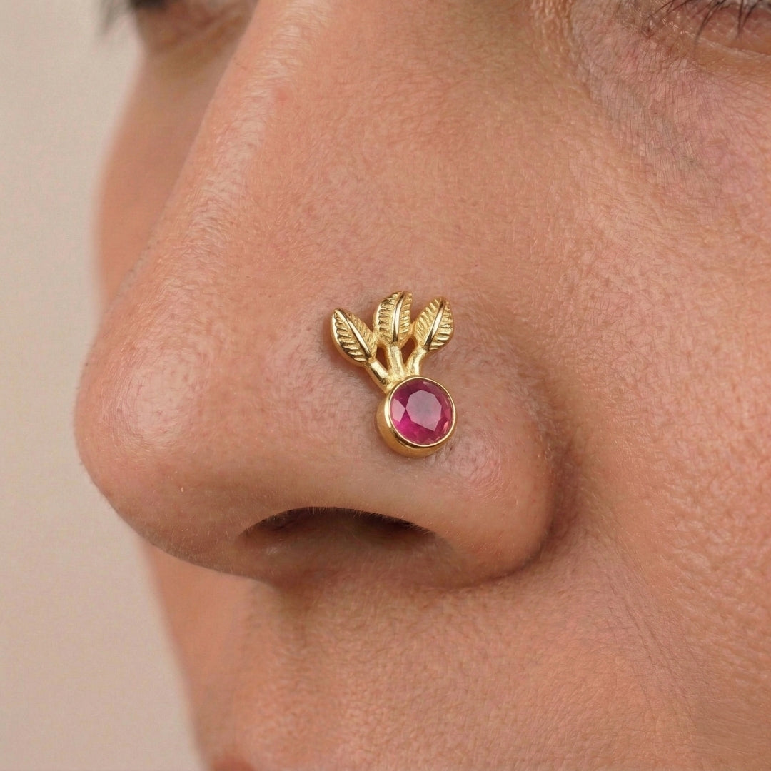 Pink Petalfall Pierced Nose Pin | 22K Gold-Plated (Large)
