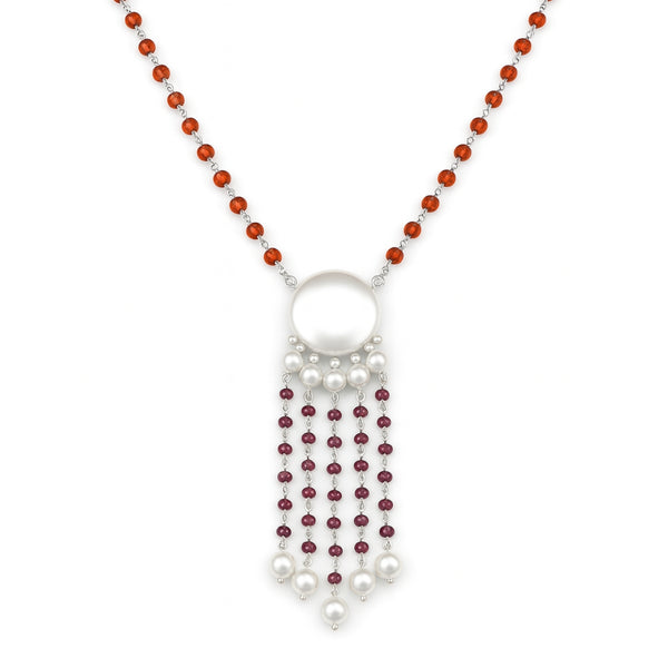 Luxe Necklace Carnelian Rhodonite & Pearls front view