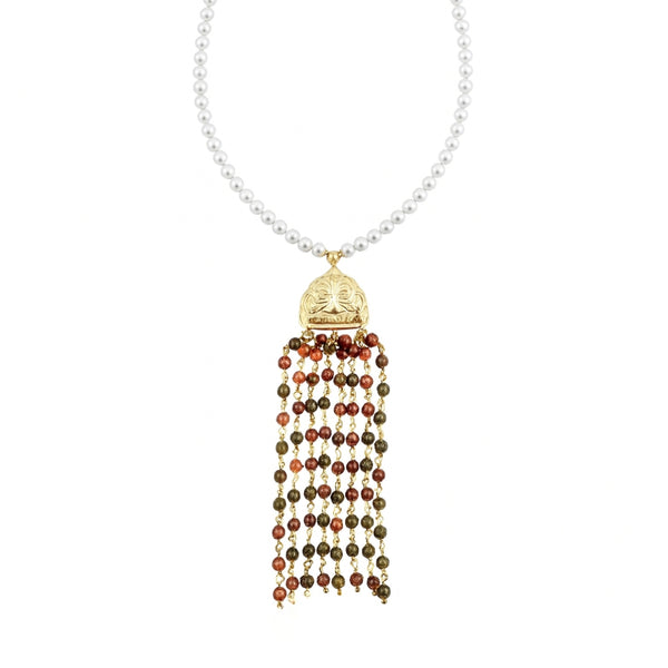Luxe Necklace Swarovski Pearls and Unakite Stones front view