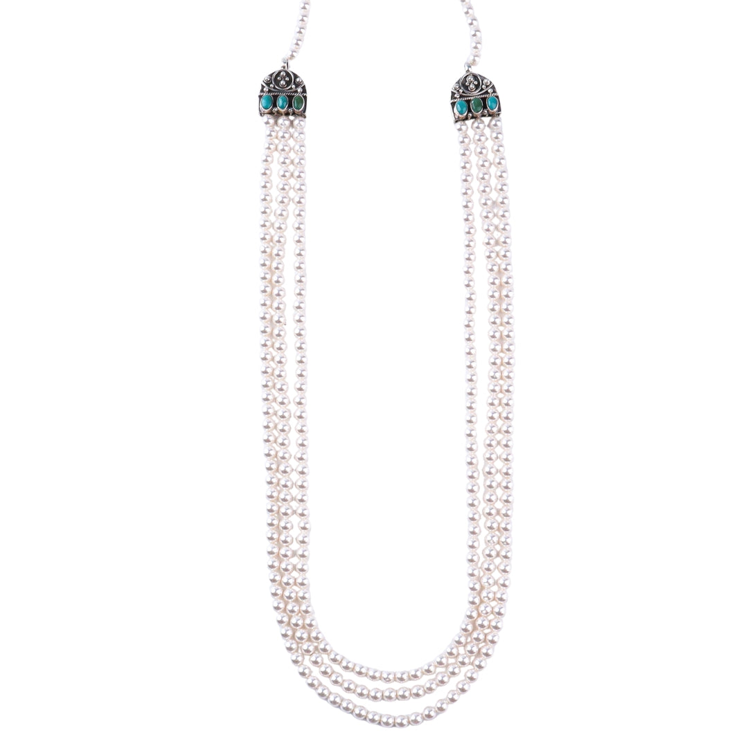 3 Layer Green Semi-precious Stone Pearl Neckalce | 92.5 Silver