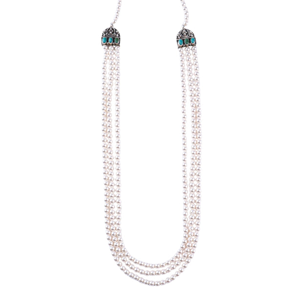 Elegant pearl layered necklace with carved findings and turquoise accents