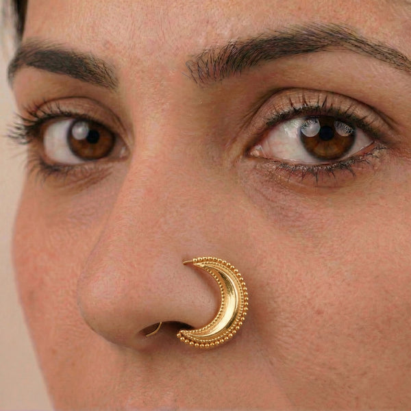 Gold crescent moon nosepin with beaded border for women