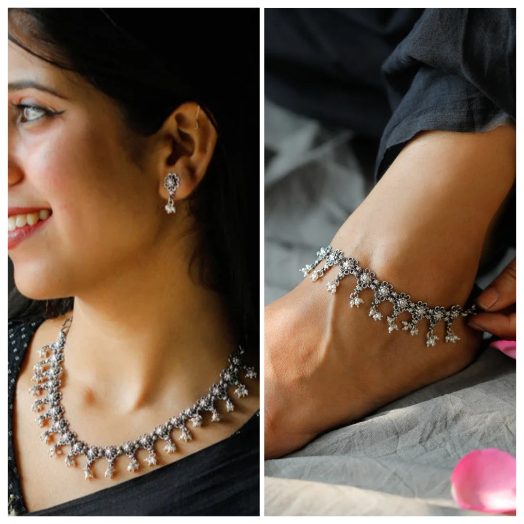 Flower & Pearls Motif Delicate Silver Set Convertible Necklace and Anklet