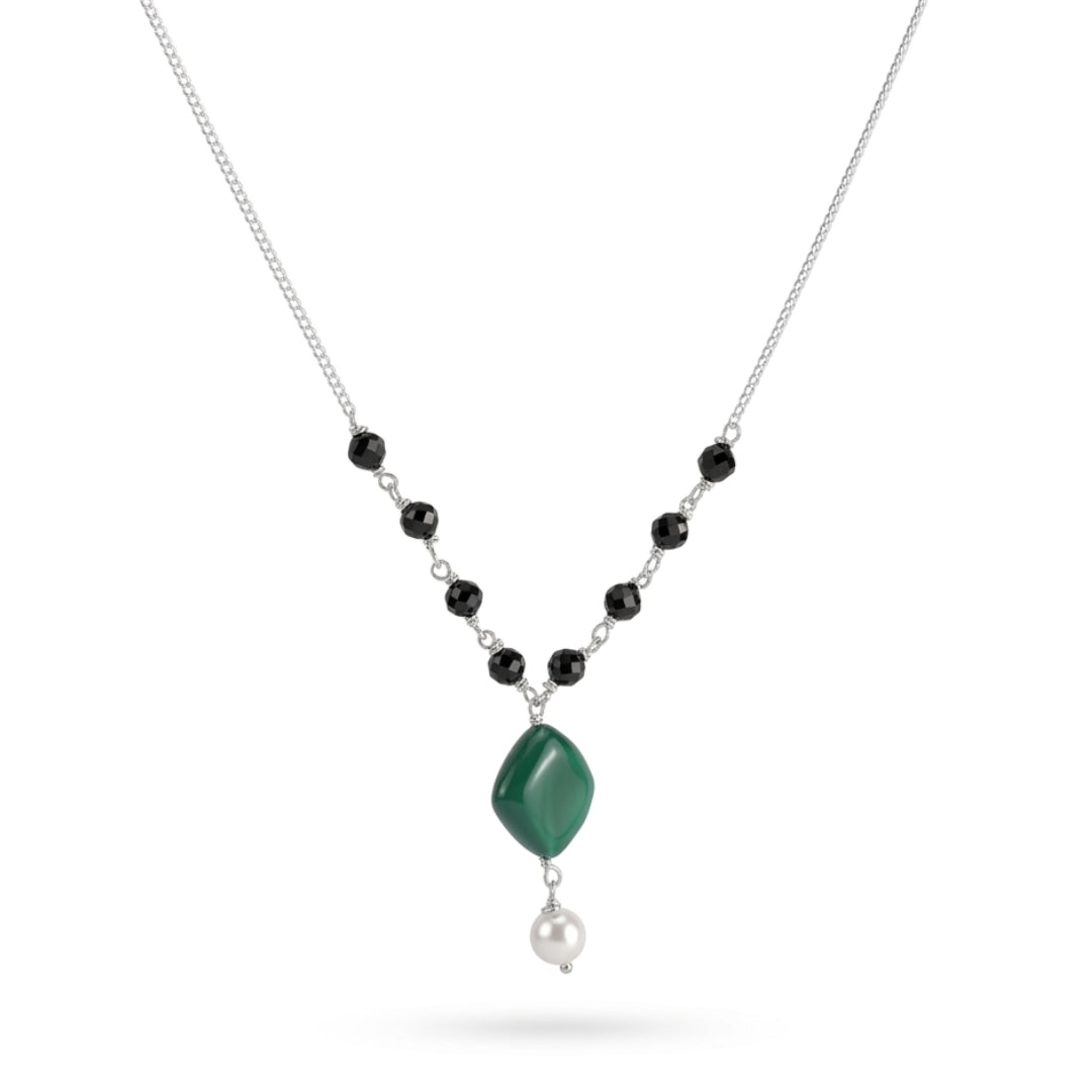 Green Onyx, Black Spinel & Pearl Silver Chain Mangalsutra (Project Handmade)