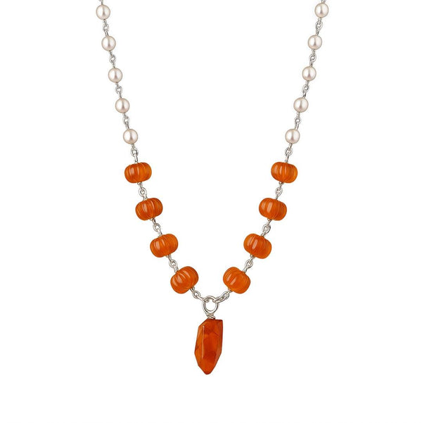 Front view of Pearl Ganthan Necklace with Semiprecious Stones in 92.5 sterling silver featuring lustrous pearls and colorful gemstones