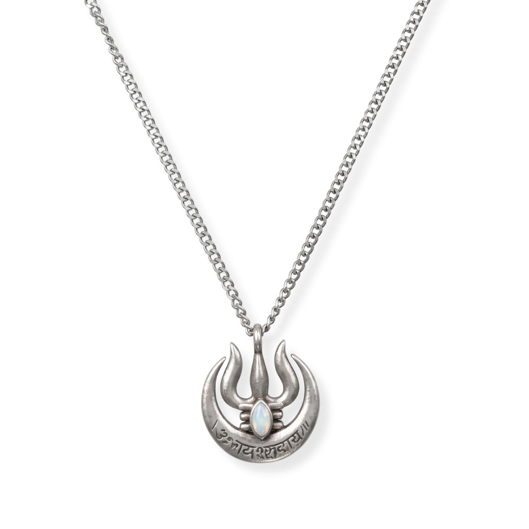 Silver Moon And Trishul Pendant Necklace