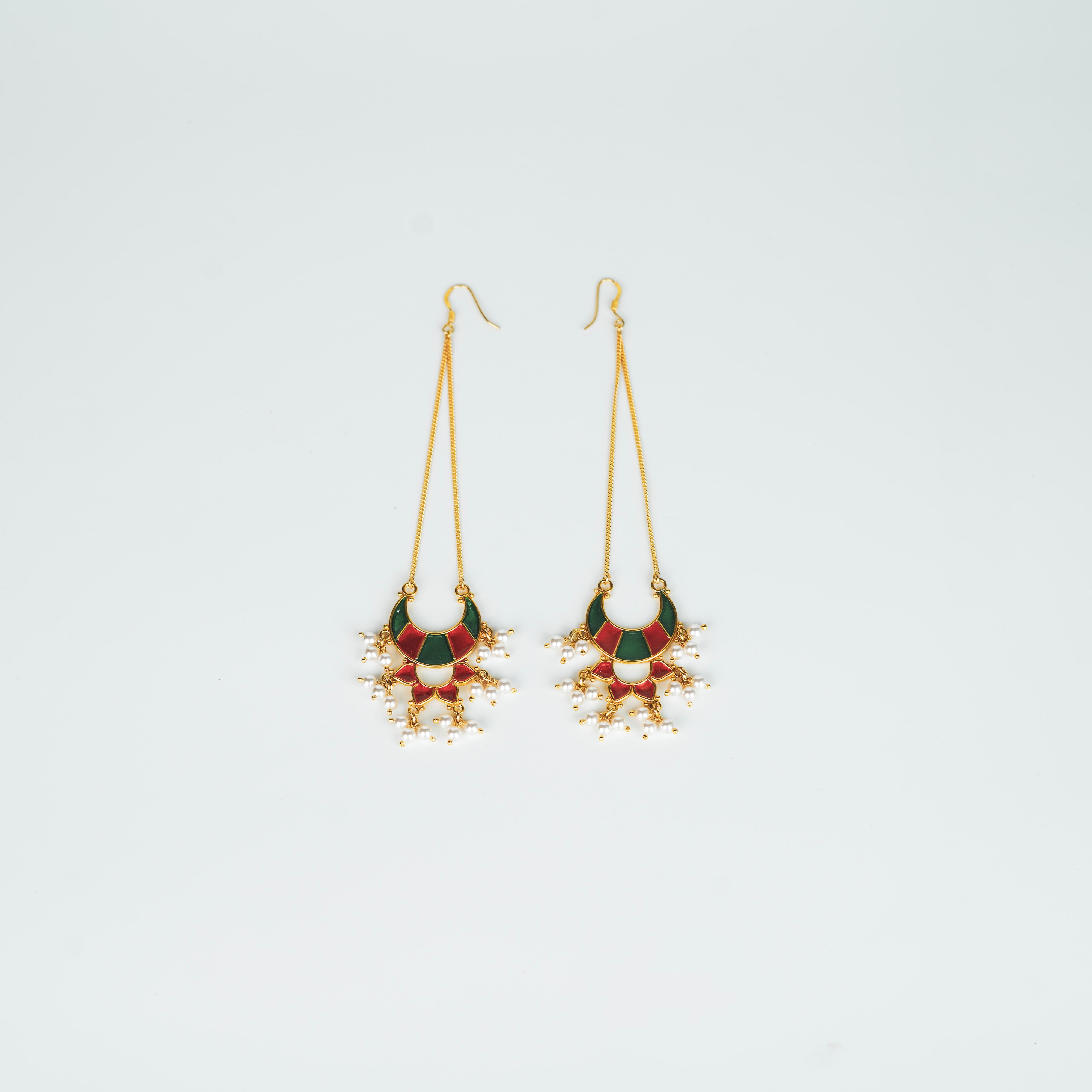 Silver Long Earrings with Meena and Pearls | 92.5 Silver | 22K Gold Plated
