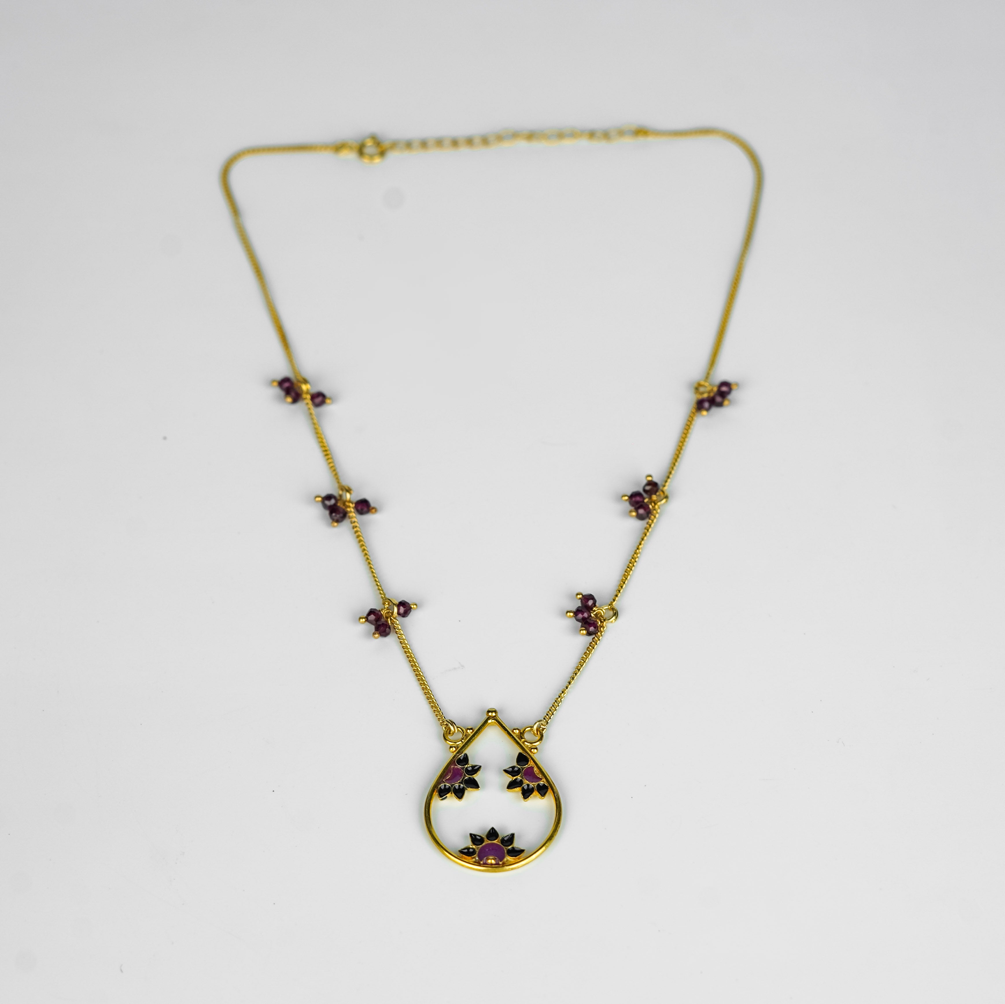 Meena Pendant Necklace with Bunch of Garnets | 92.5 Silver | Gold Plated