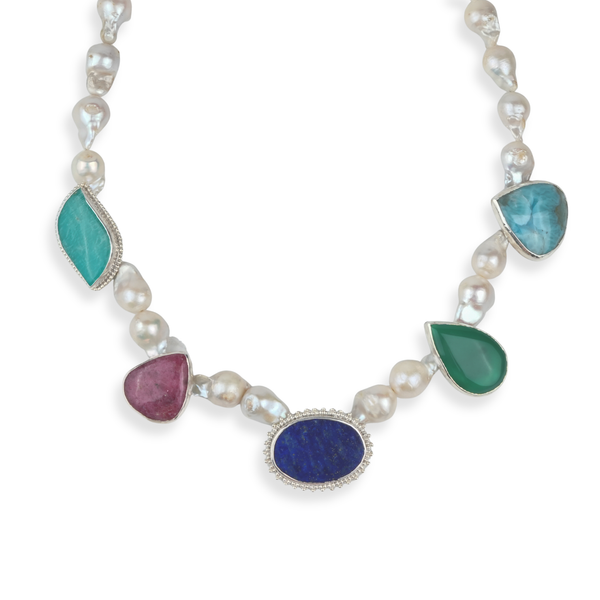 Luxe Necklace – Rhodonite, Larimar, Amazonite, Green Onyx, Lapis Lazuli & Baroque Pearls