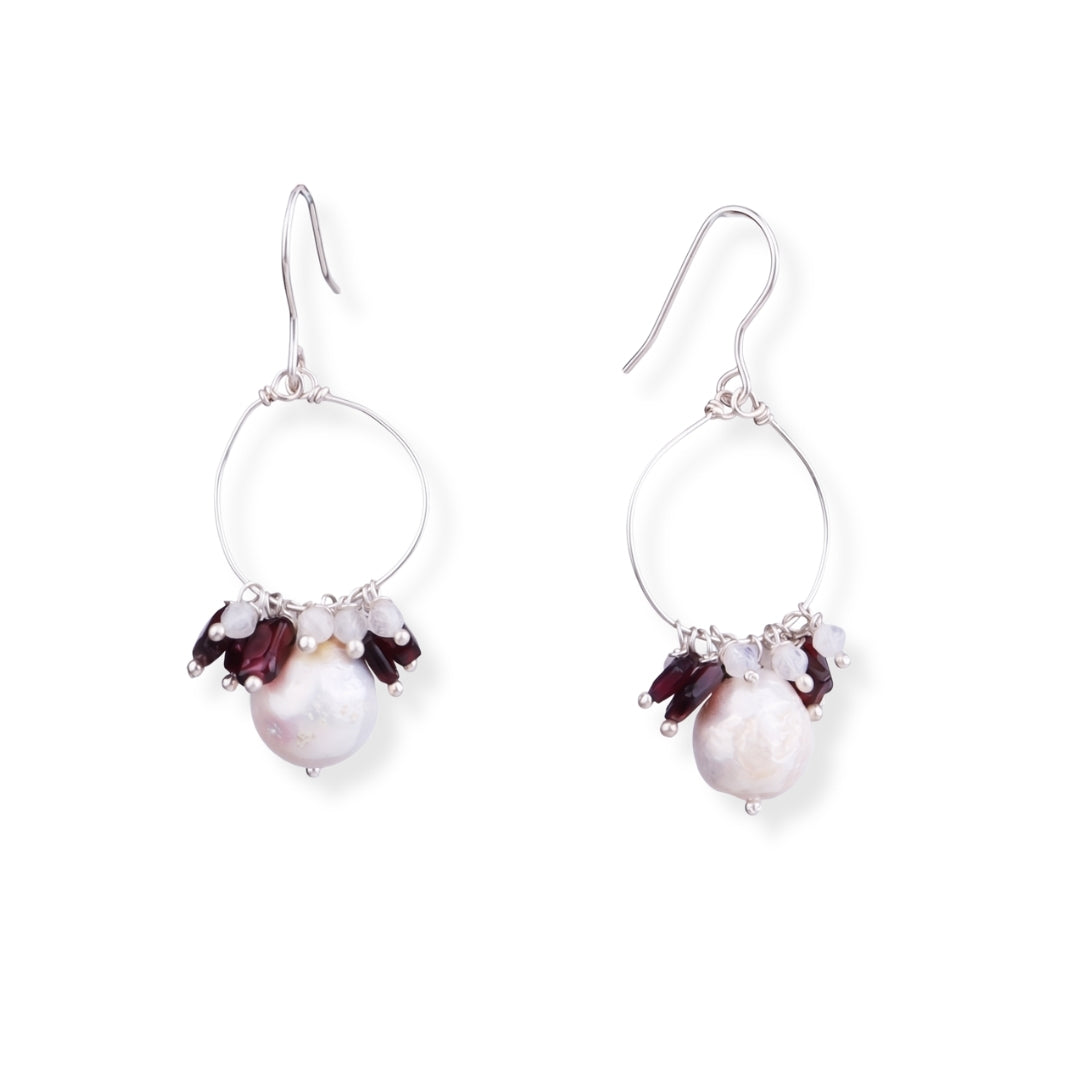 Baroque Pearl, Garnet & Moonstone Silver Earrings (Project Handmade)