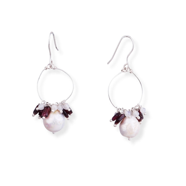 Baroque Pearl, Garnet & Moonstone Silver Earrings (Project Handmade)