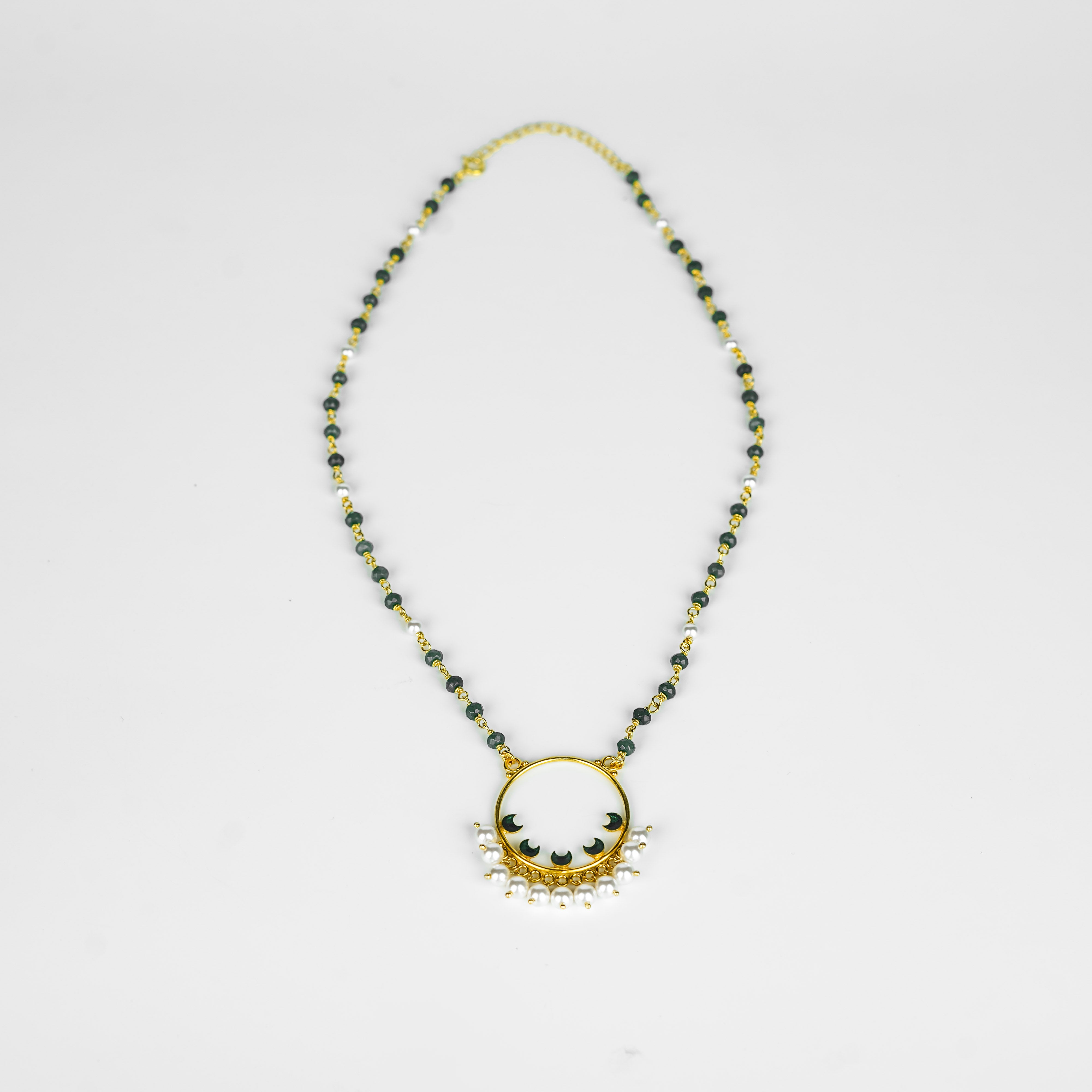Gold plated Meena pendant necklace with ganthan of pearls and green onyx | 92.5 Silver | 22k Gold plated
