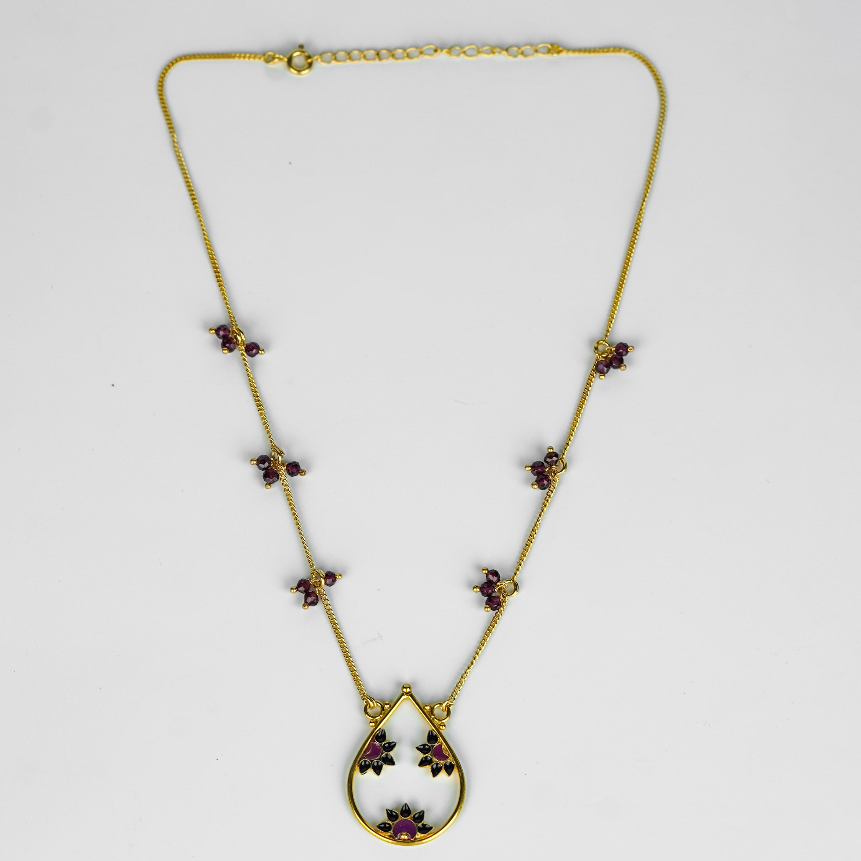 Meena Pendant Necklace with Bunch of Garnets | 92.5 Silver | Gold Plated