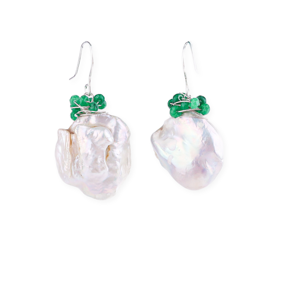 Baroque Pearl & Green Agate Silver Earrings (Project Handmade)