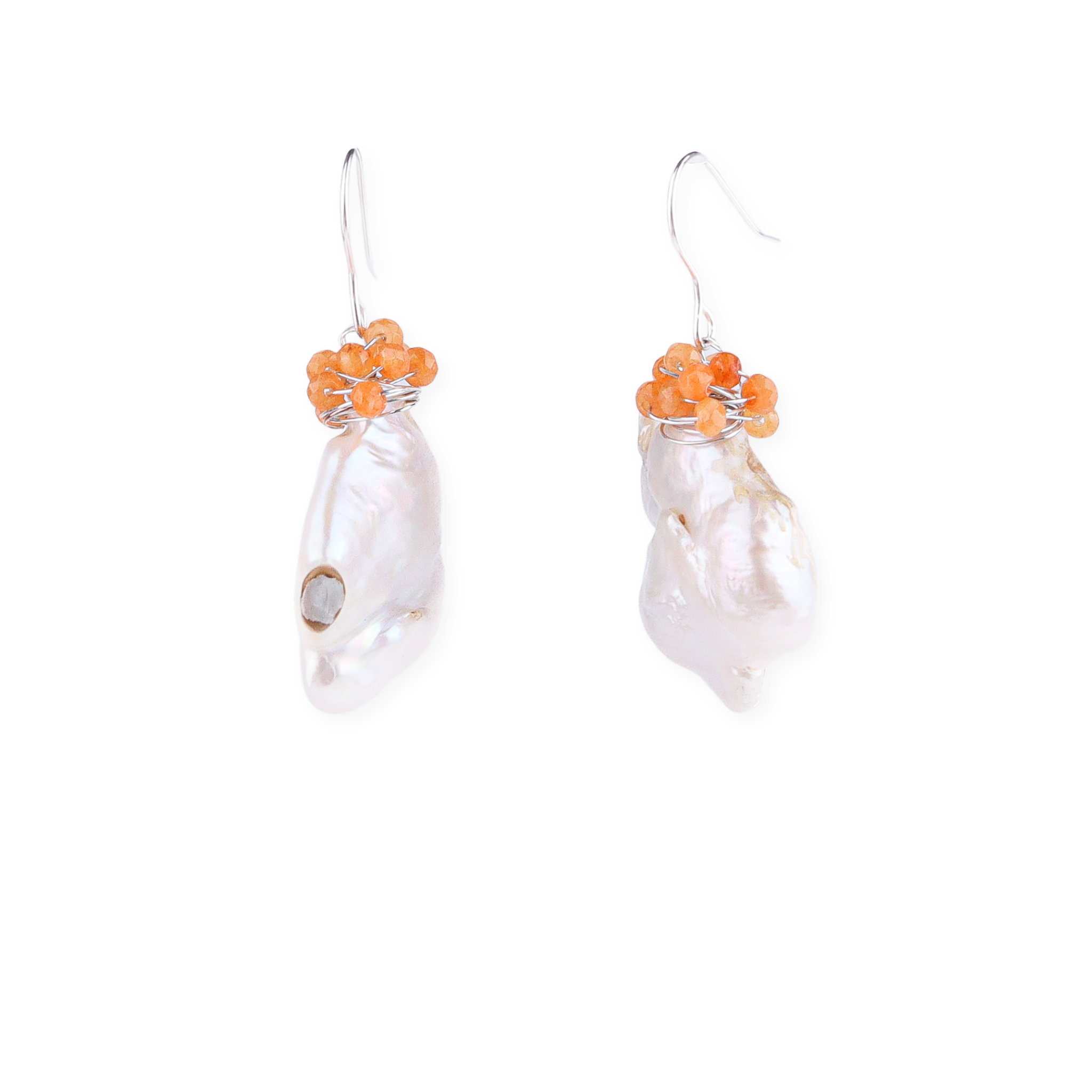 Baroque Pearl & Orange Agate Silver Earrings (Project Handmade)