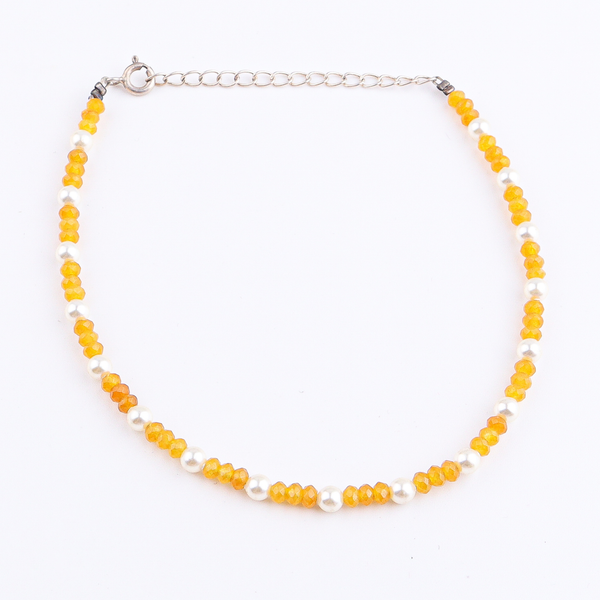 Yellow Jade & Pearl Anklet | 92.5 Sterling Silver