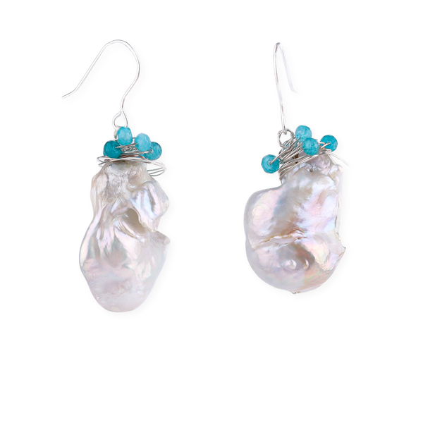 Baroque Pearl & Lace Blue Agate Silver Earrings (Project Handmade)