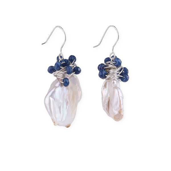 Baroque Pearl & Blue Agate Silver Earrings (Project Handmade)