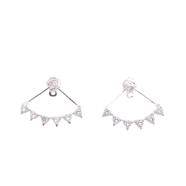 Silver triangle CZ jacket earrings with sparkling stones