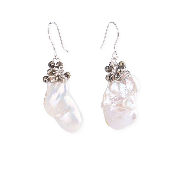 Baroque Pearl & Pyrite Silver Earrings (Project Handmade)