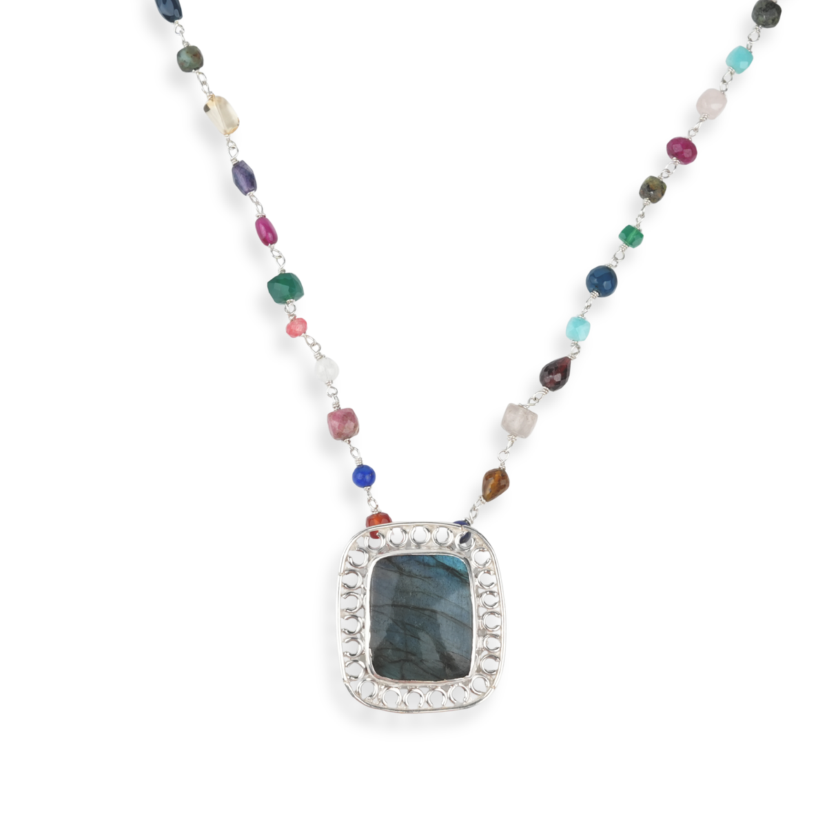 Luxe Necklace – Square Labradorite & Multicolour Stone Ganthan