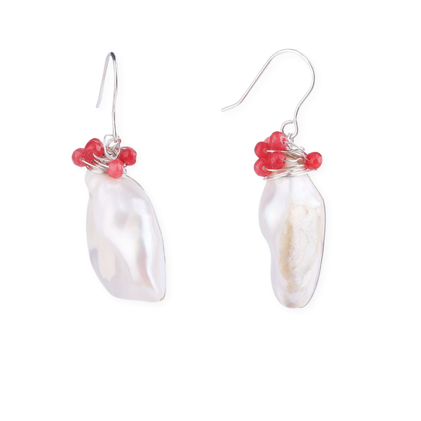 Baroque Pearl & Red Agate Silver Earrings (Project Handmade)