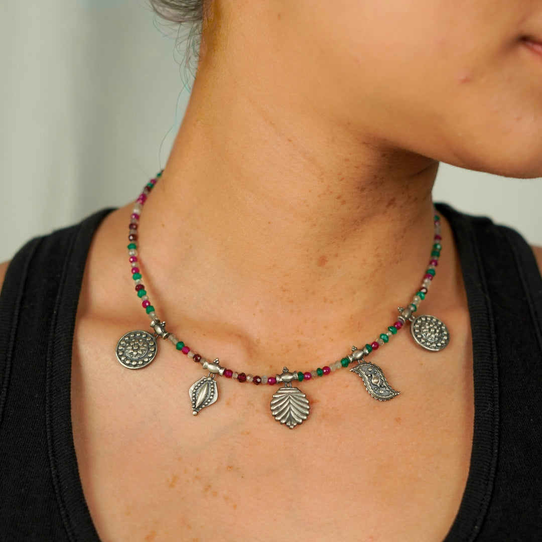 Oxidized Multi charm Necklace with Multi colour Stones (Big)