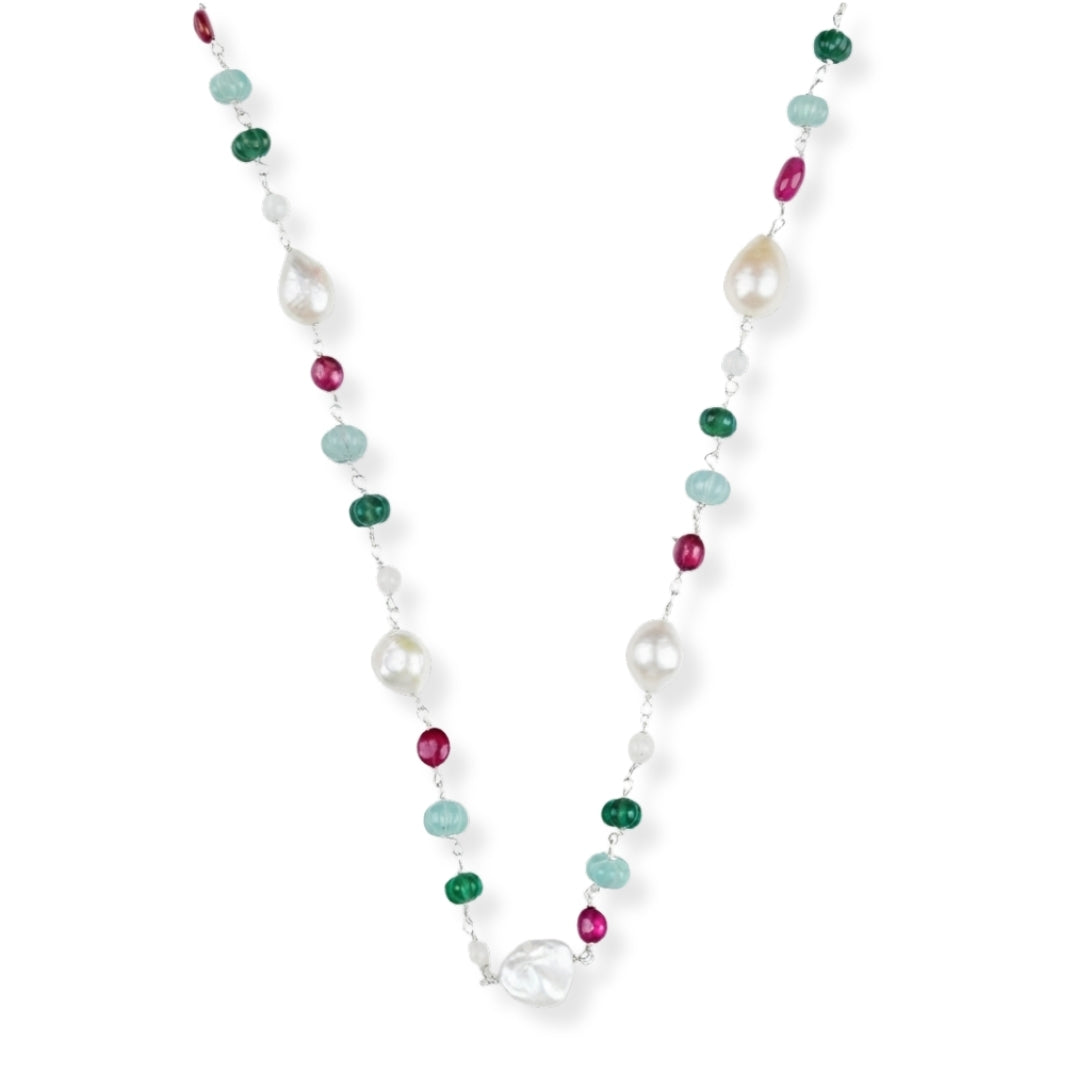 Multicolour Stone Ganthan Necklace with Baroque Pearls – 26 Inches (Project Handmade)
