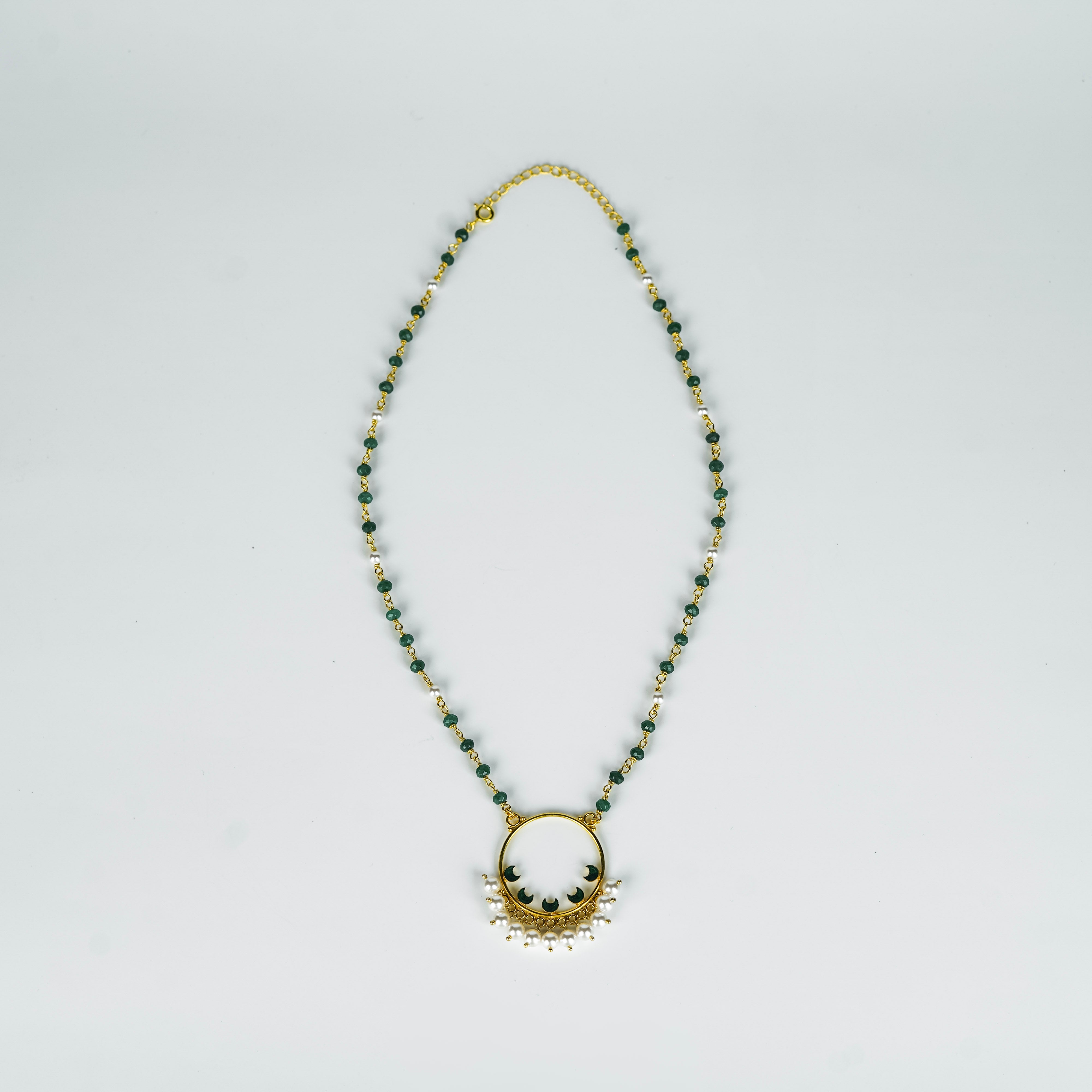 Gold plated Meena pendant necklace with ganthan of pearls and green onyx | 92.5 Silver | 22k Gold plated