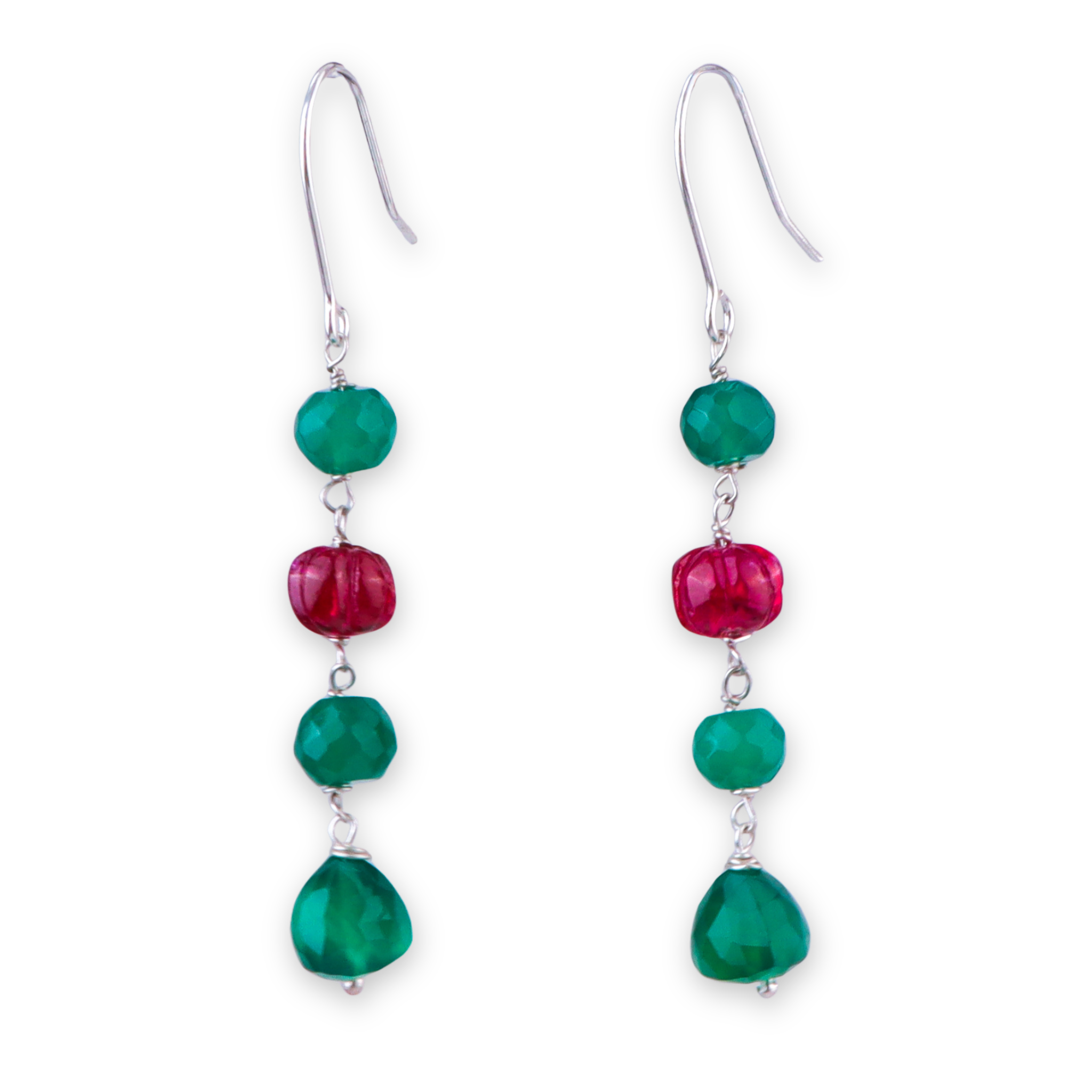 Green Onyx & Ruby Silver Earrings (Project Handmade)
