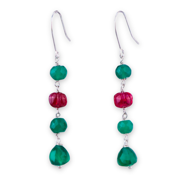 Green Onyx & Ruby Silver Earrings (Project Handmade)